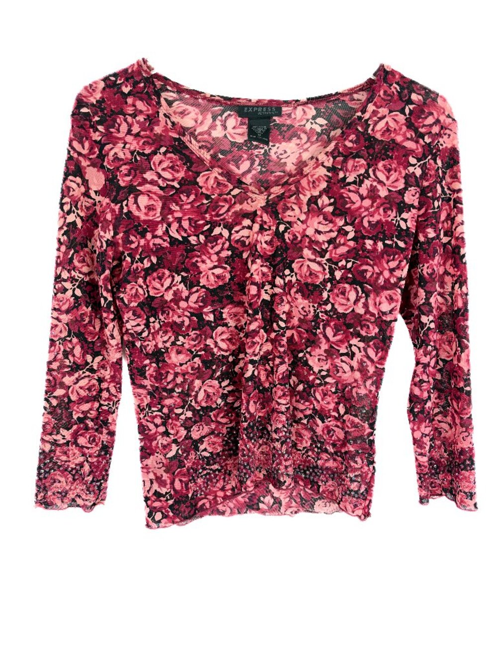 Express Vintage Y2K Floral Rhinestone V-Neck Mesh Top Size Medium M EUC